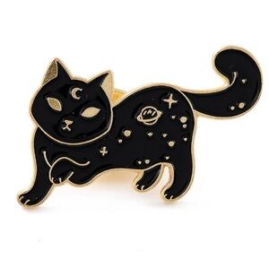 Vintage Style Ornate Cute Black & Gold Celestial Space Cat Enamel Pin Brooch